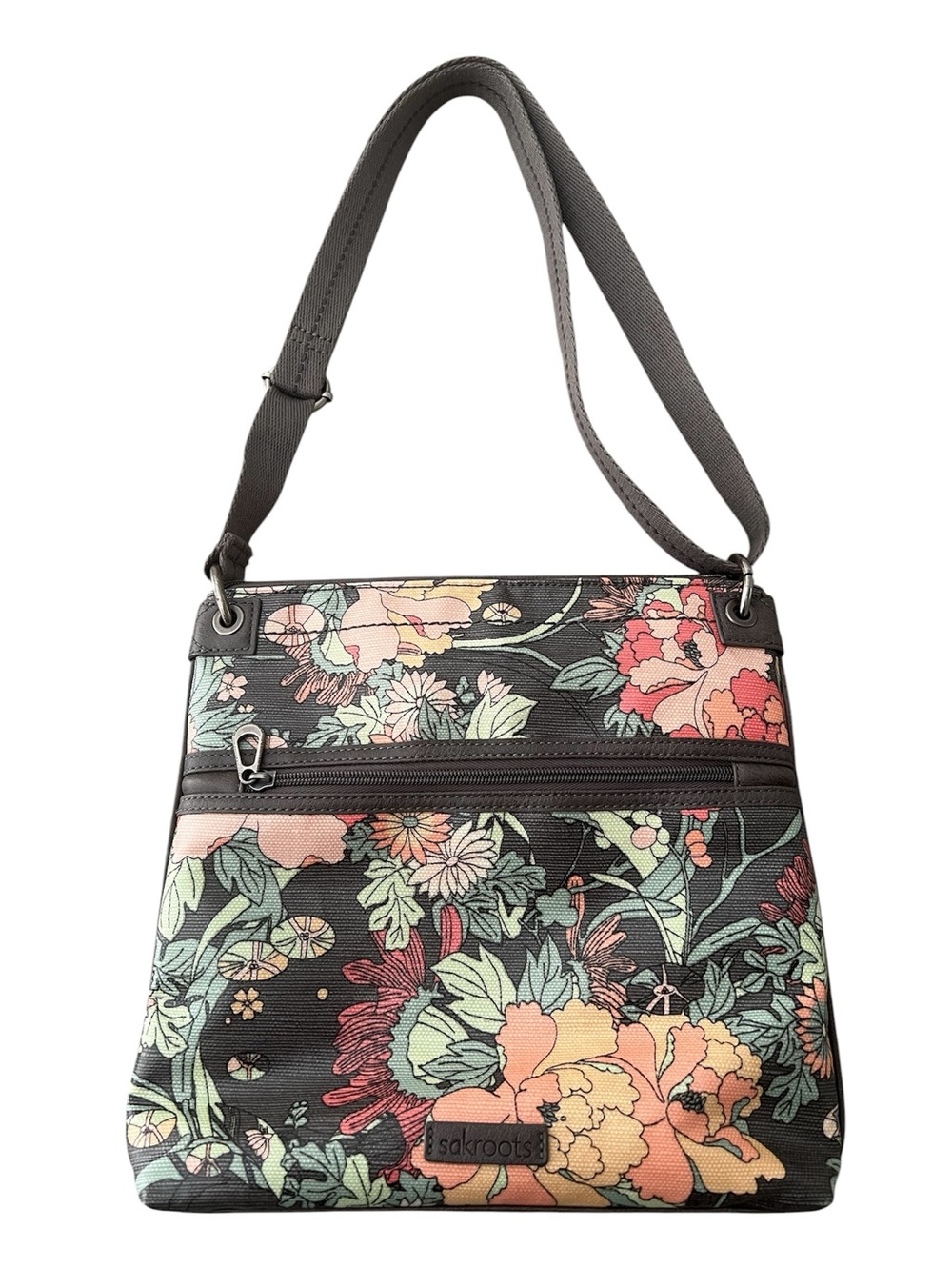 Sakroots Crossbody Bag Gray Floral Coated Canvas Adjustable Strap NWOT